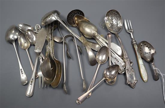 A small group of mixed silver flatware including two 19th century caddy spoons.